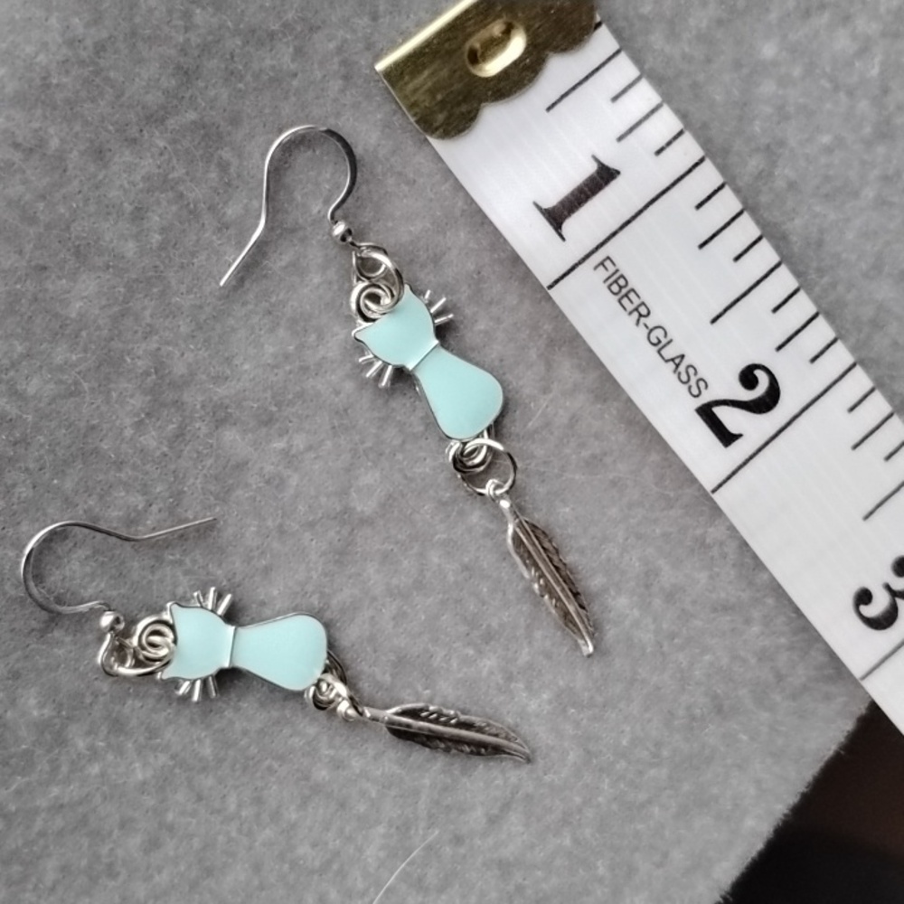 Hand Crafted Blue Enamel Cat Charm And Feather Earrings - Picture 3 of 3